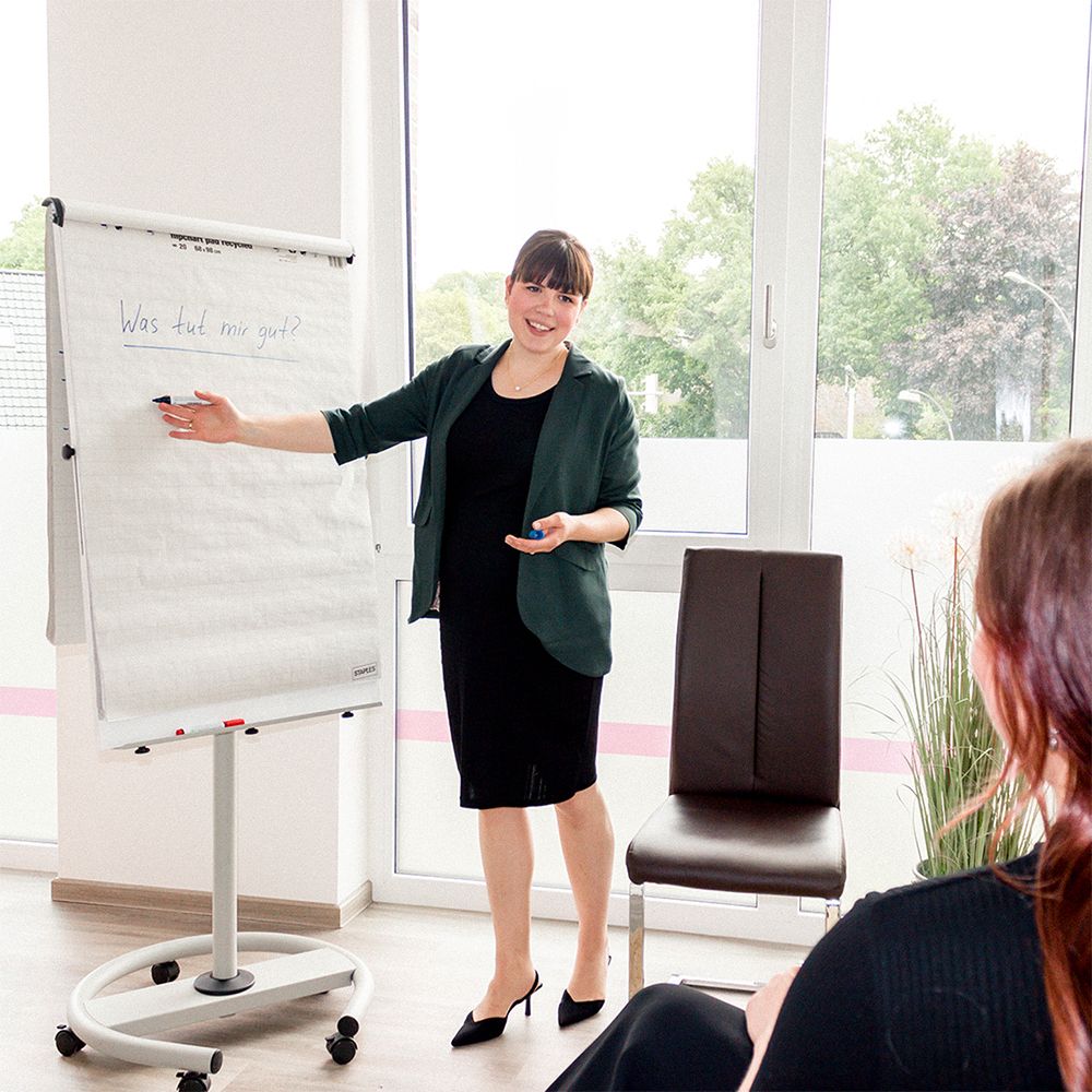 Dozentin erklärt psychotherapeutisches Konzept am Flipchart während eines Seminars zur Weiterbildung Fachpsychotherapeut:in Verhaltenstherapie am WBI Ostebogen.