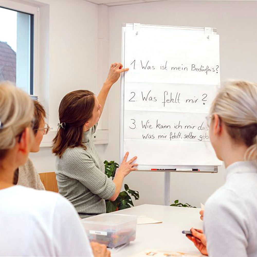 Dozentin erklärt therapeutische Fragestellungen am Flipchart während eines Seminars am WBI am Ostebogen